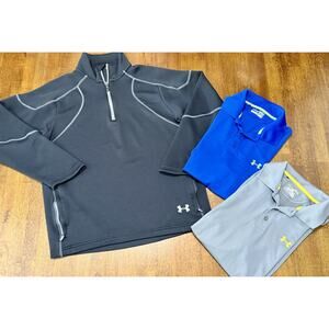 Under Armour Lot 2 Heat Gear Polo Gray Blue & 1 Black Jacket Pullover Sz Medium